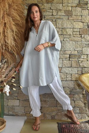 Tasha Cushion Cotton Oversized Shirt Tunic Pearl